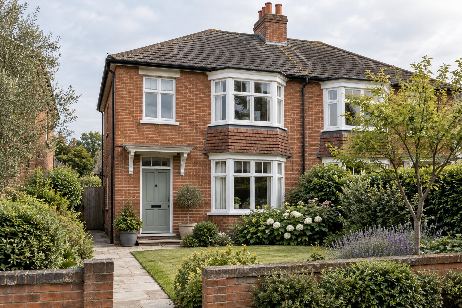 Illustrative red-brick British home with a front garden and sage-green door